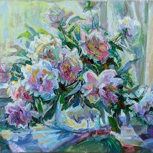 MODERN PAINTING, Impressionist oil painting on canvas by Ukrainian artist T.Chebotaru, Peonies, 2018, Art decor Contemporary art Unique gift