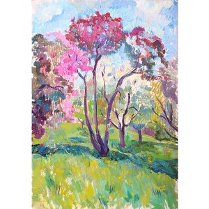 OBRA DE ARTE VINTAGE Pintura al óleo impresionista del artista ucraniano soviético T.Krasnaya Primavera de 1970, Belleza estacional, Escena pastoral, Vista de la naturaleza
