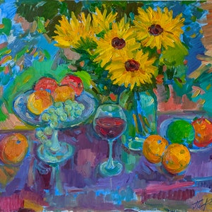 MODERN PAINTING, Original oil painting on canvas by Ukrainian artist P. Dobrev, Still life with sunflowers, 2019