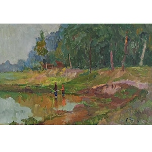 PINTURA AL ÓLEO VINTAGE Pintura al óleo original del artista ucraniano K.Zaruba, Pesca en el río, Impresionismo, década de 1980, Decoración retro, Naturaleza