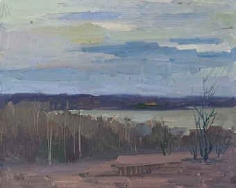 MODERN OIL PAINTING  Original oil painting on cardboard by Ukrainian artist P. Dobrev, River and sky in spring, 2010s