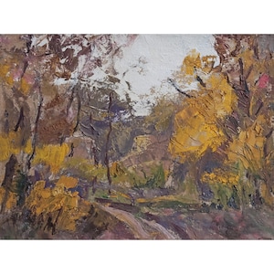 PINTURA AL ÓLEO VINTAGE Pintura al óleo original del artista ucraniano I.Gapochenko, Camino en el bosque, Impresionismo, década de 1980, Pintura de la naturaleza