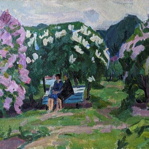 PINTURA VINTAGE Pintura al óleo original del artista ucraniano soviético P.Vozniuk, Lila en el jardín botánico, 1971