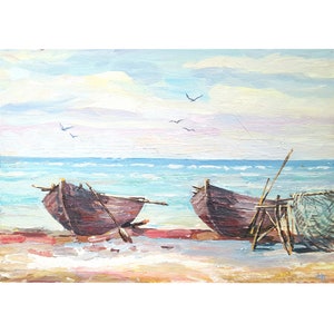 MODERN OIL PAINTING Original oil painting by Ukraine artist H.Nastoburko, Fishing boats, 2020s, Marine painting, Seascape art, Boat scene