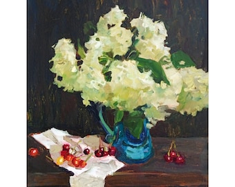 Vintage Hydrangeas Oil Painting: Still Life by S.Poliakov, 1997