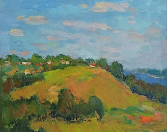 VINTAGE OIL PAINTING Original oil painting by Ukrainian artist O.Solodovnykov, Village by the river, 1990s, Nature scene