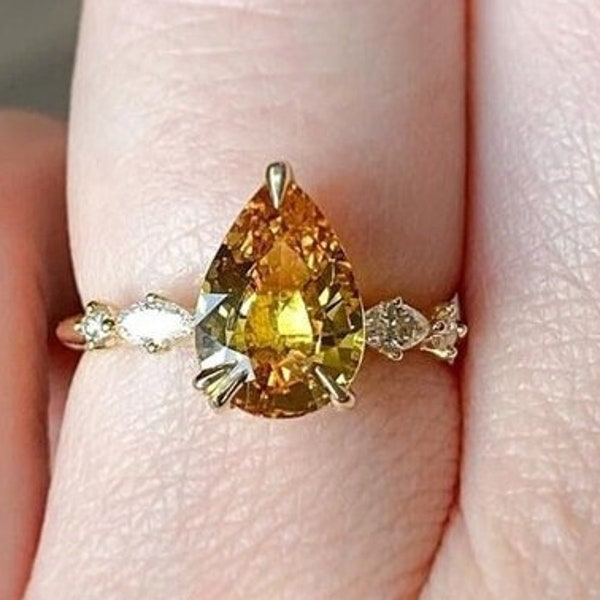 Canary Yellow Pear & East To West Marquise Cut Diamond Engagement Ring, Stackable Wedding Ring, Valentine's Gift For Her 14K Solid Gold Ring