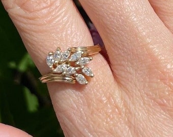 Marquise Moissanite Waterfall Cluster Band, Swirl Bypass Marquise Moissanite Band, Wedding Engagement Ring, 14K Solid Gold Band, Bypass Band
