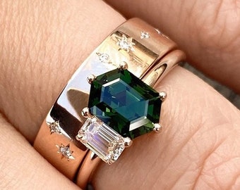 Vintage Star Flush Bridal Ring Set, Emerald Ring, Hexagon & Emerald Cut Diamond Engagement Ring Set, Stackable Wedding Band, 925 Silver Ring