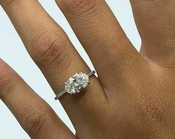 Anillo de moissanita de corte ovalado de 2CT, anillo de moissanita de este a oeste, solitario con anillo de acento, anillo de compromiso de boda, anillo de oro blanco sólido de 14K