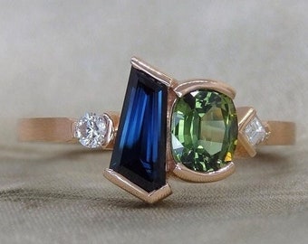 Blauer Saphir Ring, Oval Diamant Verlobungsring, Halbe Lünette Set Vorschlag Ring für Sie, Multi Stein Ring, 14k Massivgoldring