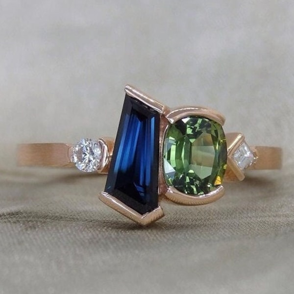 Blauwe saffierring, ovale en prinses geslepen diamanten verlovingsring, halve bezel set voorstel ring voor haar, multi stenen ring, 14k massief gouden ring