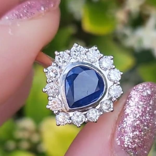 Vintage Style Ring, Blue Sapphire Ring, Halo Wedding Ring, Pear & Round Cut Diamond Engagement Ring, Bezel Set Ring,925 Sterling Silver Ring