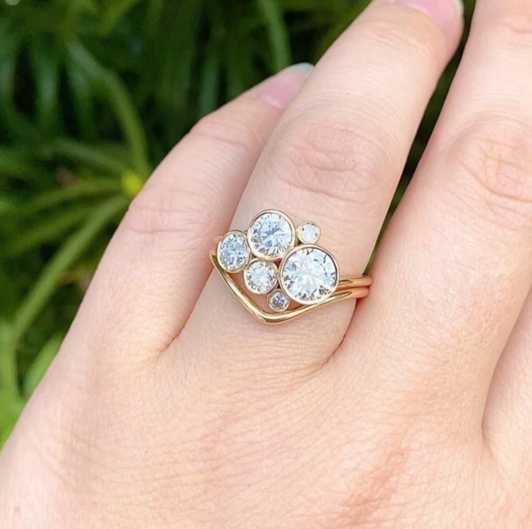 Raindance Scatter Ring, Cluster Rain Drop Ring, Round Bezel Set Ring, Bridal Ring Set, Nesting