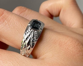 Vintage Bezel Set Ring, Black Onyx Ring, Emerald Cut Moissanite Engagement Ring, Filigree Anniversary Men's Ring, 925 Sterling Silver Ring