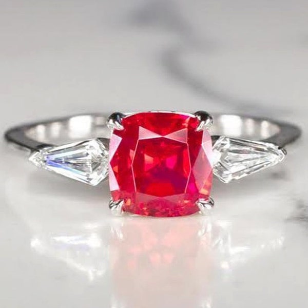 Three Stone Ring, Red Ruby Ring, Cushion & Kite Cut Engagement Ring, Past Present Future Promise Ring, Gemstone 925 Sterling Silver Ring