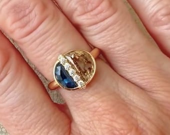 Toi Et Moi Anniversary Ring, Blue Sapphire Canary Yellow Diamond Ring, Half Moon & Round Cut Diamond Ring, Bezel Set Ring, 925 Silver Ring