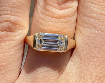 East to West Ring, Solitaire Moissanite Ring, Engagement Ring, 3.5CT Emerald Cut Moissanite Ring, Half Bezel Set Ring, 14K Gold Wedding Ring