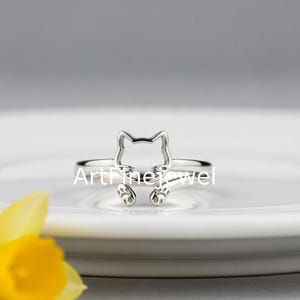 10K Gold Cat Ring, White Gold Cat Ring, Cat Lovers, Stackable Gold Ring, Open Gap Pet Ring, Handmade Women Ring, Minimalist Silver Jewelry