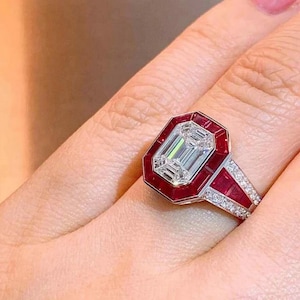 Red Ruby Baguette Cut Halo Ring, Engagement Ring, Emerald Cut Red Ruby Halo Diamond Ring, Solitaire Luxury Ring, Bezel Set Ring, 14K Gold