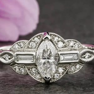 Art Deco Marquise Cut Ring: 14K Gold Milgrain Engagement Ring