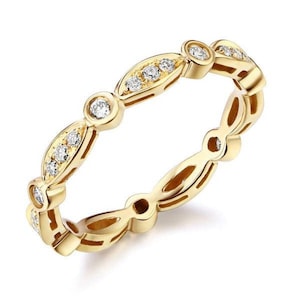 Rond geslepen diamanten ring, verlovingsring, trouwring, vintage art-decoband, bijpassende band, volledige eeuwigheid trouwring, 14K massief gouden ring