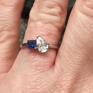Toi Et Moi Anniversary Ring, Blue Sapphire Wedding Ring, Pear & Princess Cut Diamond Engagement Ring, You And Me Gifted Ring, 925 Silver