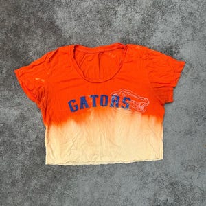 May include: Orange and cream-colored crop top with the word "GATORS" in blue block letters and a white alligator graphic. The shirt has a scoop neck and short sleeves. The bottom half of the shirt is cream-colored.
