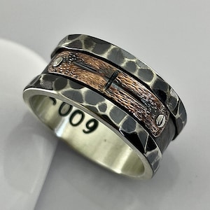 Unique Rustic Cross Hammered Ring, 11mm Silver&Copper Band, Handmade Cross Mens Ring, Spiritual Ring