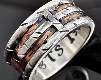 Anillo de plata de ley con cruz de cobre: alianza rústica de 10 mm