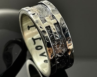 Unique Rustic Cross Hammered Band, 8mm Silver-Copper Ring, Handmade Men&#39;s Women&#39;s Ring, Gift Ring