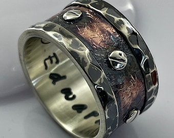 Silver&Copper Rustic Hammered Ring, Spiritual Ring, 13mm Wide Unique  Men's Ring, Historical Style, Riveted Ring, Promise Engraved