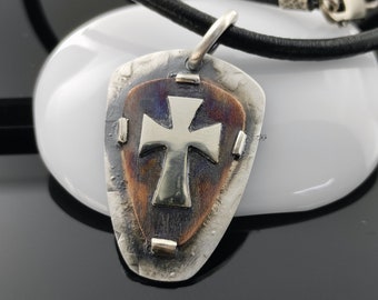 Rustic Sterling Silver Cross Pendant - Leather Cord Necklace