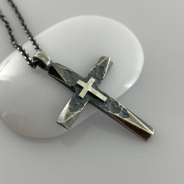 Silver Spiritual Cross Necklace, Men's Cross Pendant, Religious Mens Pendant, Antique Style Cross, Unique Cross Necklace