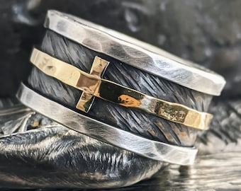 14K Gold-Silver-Copper, Men&#39;s Women&#39;s cross ring, Unique cross ring, Custom design ring, Gold band ring