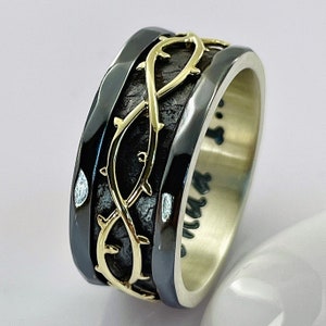14K Gold Silver Crown of Thorns Ring, 10mm Men&#39;s Wedding Band Ring, Anniversary Ring