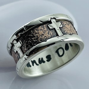 Handmade Rustic Cross Ring: Sterling Silver & Copper Wedding Band
