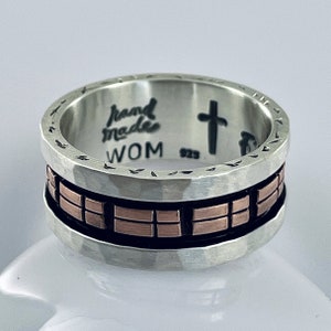 Mens cross band ring, Rustic Cross ring, Sterling Silver and Copper, artisan unique ring, his her wedding band