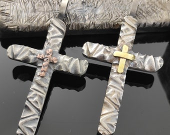 Handmade Sterling Silver Cross Pendant: 14K Gold Accent, Leather Cord