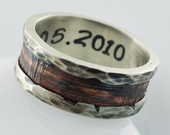 Silver-Copper Band, Unique Men's Women's Ring, Spiritual Ring, Silver Hammered, Anniversary Gift Ring