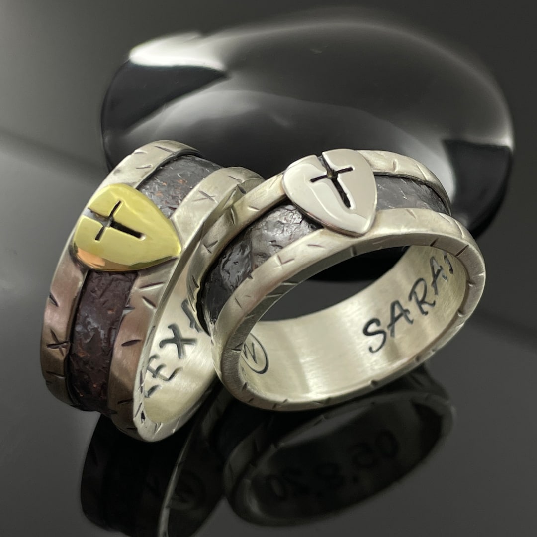 14K Gold Cross Silver Ring, 9mm Rustic Wedding Band, Unique Ring for