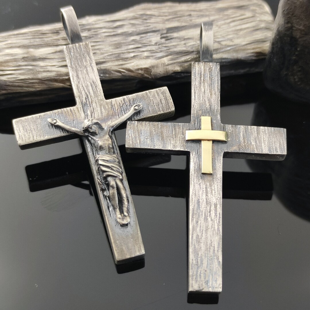 14K Gold & Sterling Silver Jesus Crucifix Cross Pendant - Leather Cord ...