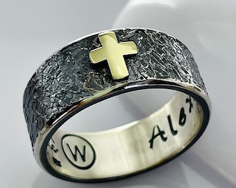 14K Gold Cross Silver Ring, Handmade Unique Ring, 9mm Wide Rustic Wedding Band, Men's Women's Cross Ring
