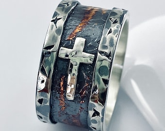 Unique Rustic Cross Hammered Ring, 13mm Wide Silver-Copper Ring, Cross Wedding Band