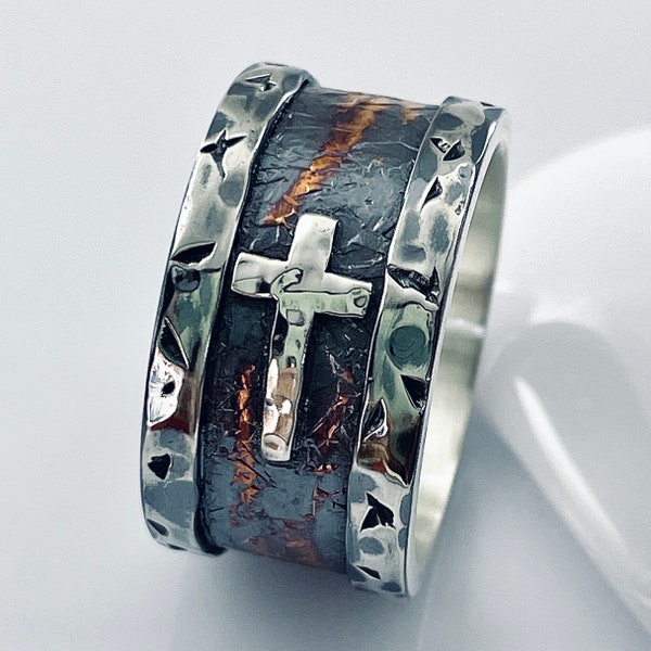 Unique Rustic Cross Hammered Ring, 13mm Wide Silver-Copper Ring, Cross Wedding Band