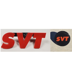 May include: Two versions of the SVT logo. One is a red 3D plastic emblem and the other is a black circle with orange text.