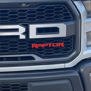 May include: A vehicle front grille featuring a black honeycomb mesh pattern, a large silver Ford emblem with cut-out lettering, and a bright red Raptor badge centered on the mesh. The surrounding bumper and frame are finished in a matte gray color.