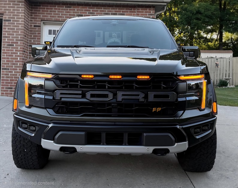 May include: Front view of a black Ford Raptor truck. The truck has a black grille with the Ford logo, amber running lights, and a silver front bumper. The tires are large and black.