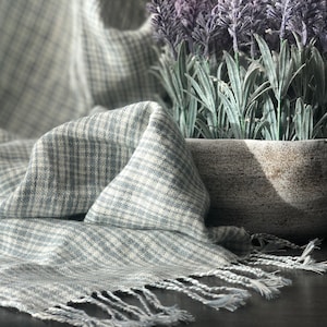 Linen - Wool Blend Throw / Blanket / Softened Linen / Fringed / Cream - Blue