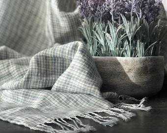 Linen - Wool Blend Throw / Blanket / Softened Linen / Fringed / Cream - Blue